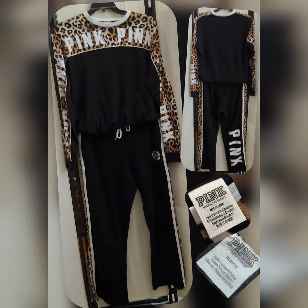 PINK Victoria's Secret Black and Leopard Print Boyfriend Joggers & Tee Set - Picture 2 of 9